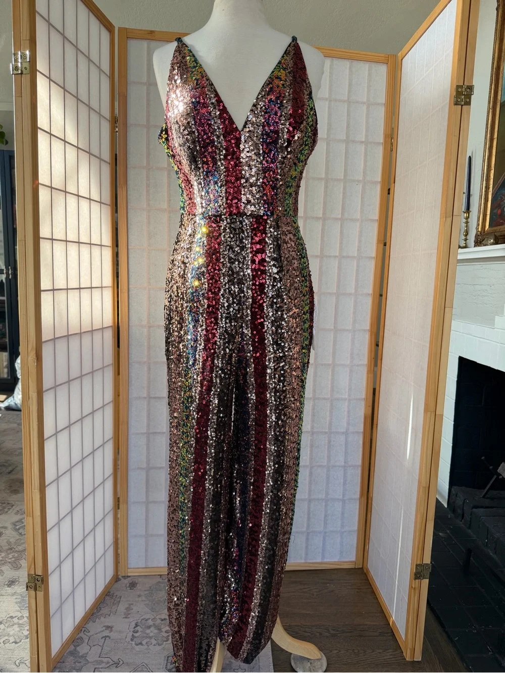 Dress the Population Strappy Rainbow Stripe Sequined Jumpsuit with V-Neck - Picture 1 of 6